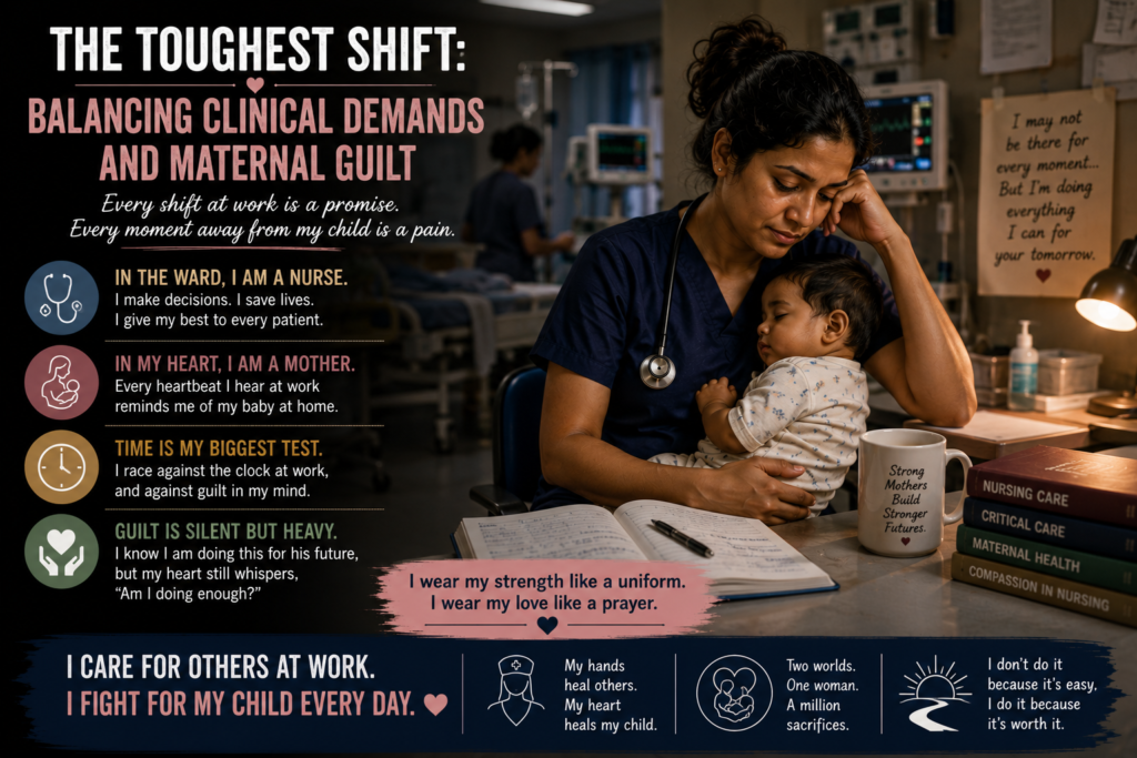 Maternal Guilt Journey. A Mother's Heart Remains With Her Child Even While Serving Others. A Nurse Balancing Professional Responsibilities With The Emotional Challenges Of Motherhood.