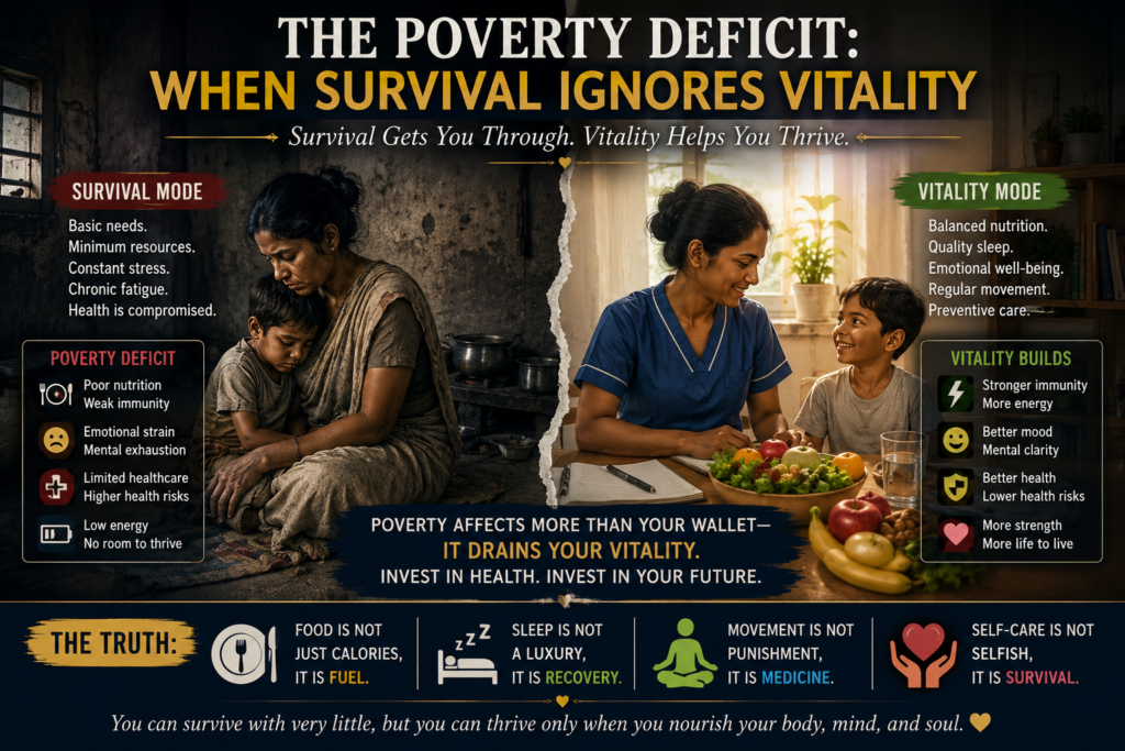 Vitality And Poverty. Survival Keeps You alive, But Vitality Helps You Thrive. A Visual Representation Of How Poverty Impact Health, Energy, And Overall Vitality.