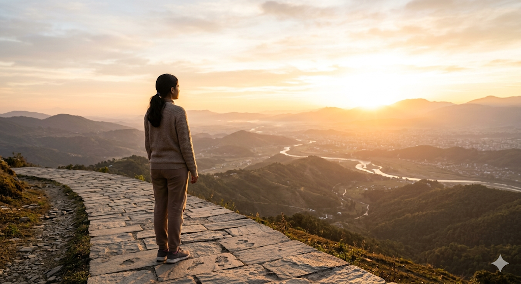 A person standing on a hilltop at sunrise, looking toward a bright horizon, representing a future vision and life planning.