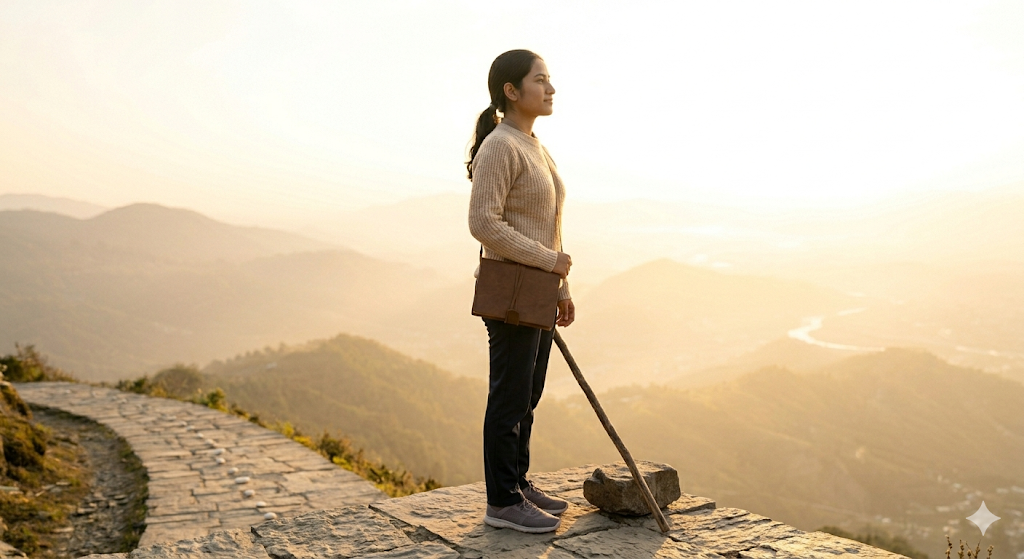 A calm and confident woman in a cream-colored knit sweater (Raji) stands alone and upright on a mountain plateau high above a misty valley at sunrise, looking out at the sunlit horizon with a look of peaceful self-reliance, illustrating true independence and capability.
