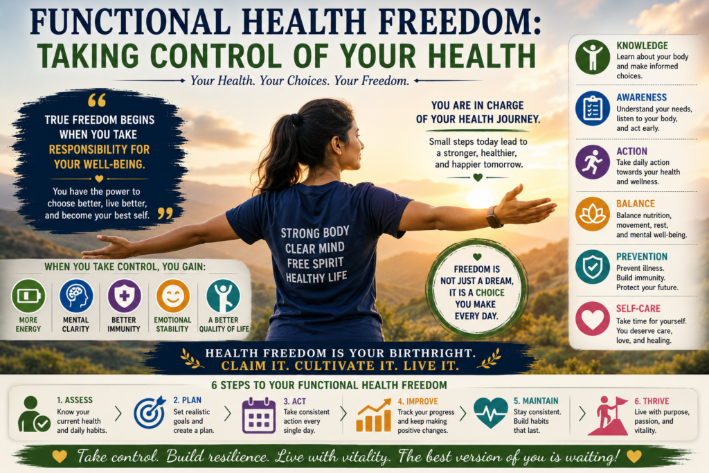 Functional Health Freedom. Taking Control Of Health. True Freedom Begins When You Take Responsibility For Your Well-Being. A Visual Representation Of Health Independence, Vitality, And Self- Care.