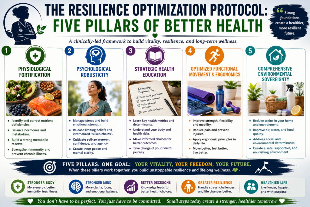 Five Health Pillars. Strong foundations create lasting health and resilience. A visual representation of the five pillars that support long-term wellness and vitality.