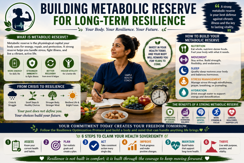 Metabolic Reserve Resilience. Every healthy choice strengthens your future resilience. A visual representation of metabolic reserve, vitality, and disease prevention.