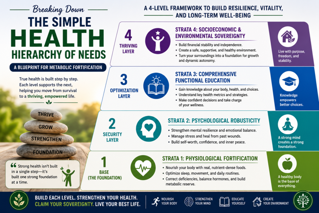 Simple health Hierarchy Framework. Every Level Of Health Supports The Next Stage Of Growth. A Visual Representation Of The Four Levels Within The Simple Health Hierarchy Framework.