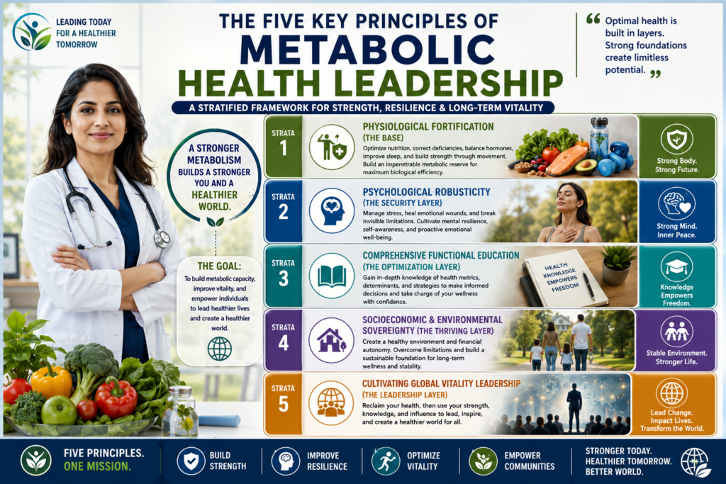 Metabolic Health Leadership Framework. The Five Pillars that support Strength, Resilience, And Long-Term Wellness. A Visual Representation Of The Five Key Principles Of Metabolic Health Leadership.