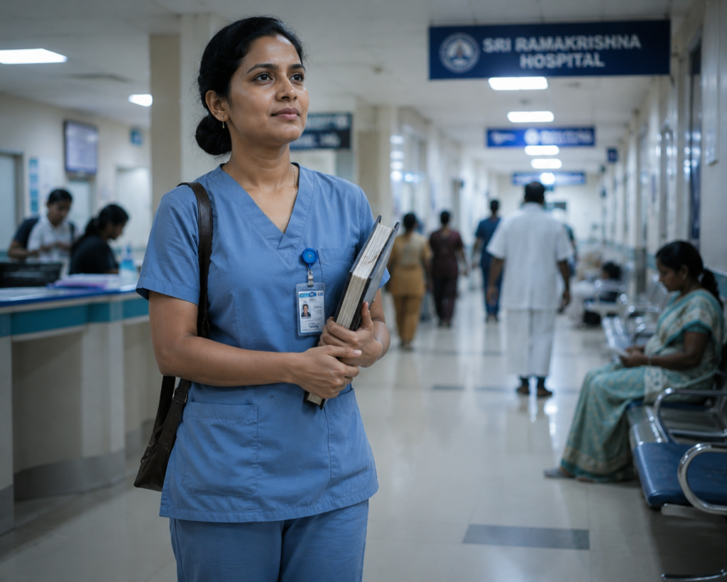 Returning To Nursing After Separation. A Nurse Returns To Work At Sri Ramakrishna Hospital, Finding Financial Independence And Renewed Confidence While Raising Two Daughters Alone.