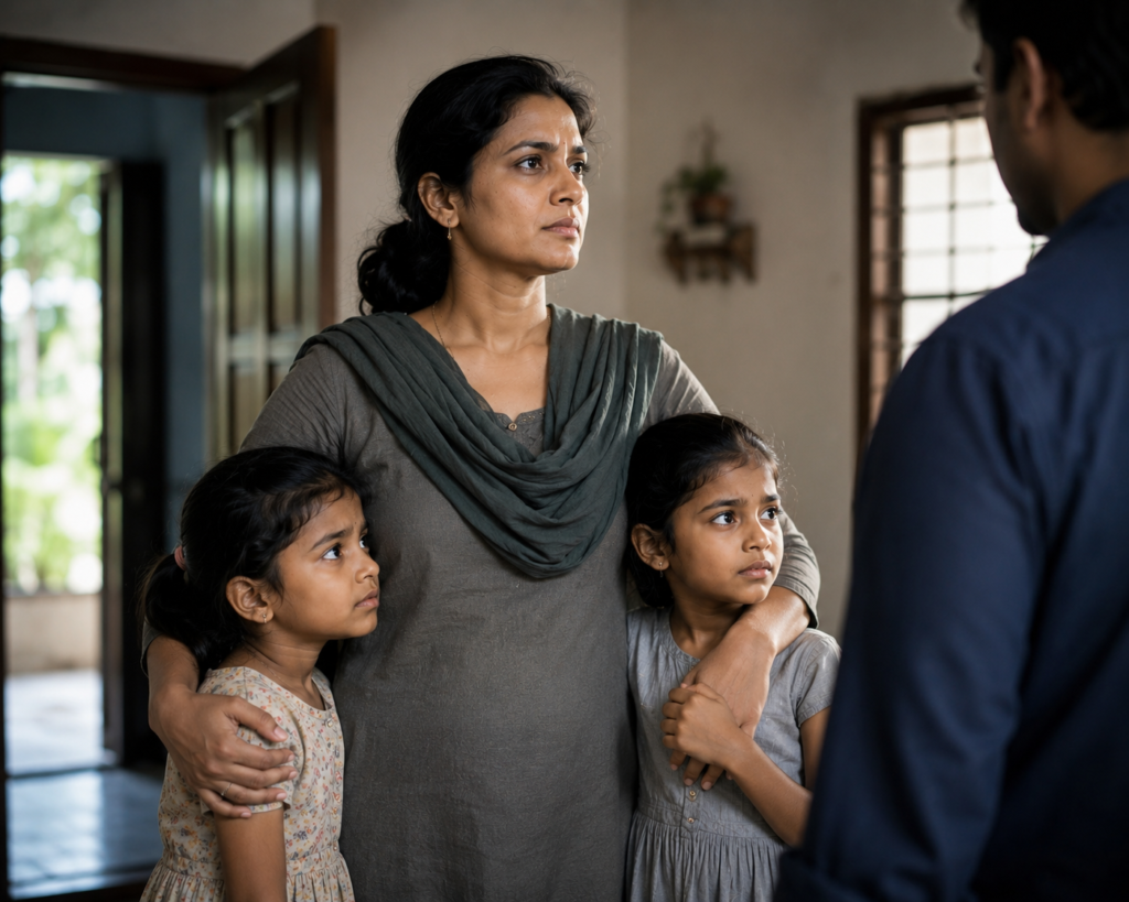 Single Mother Protecting Daughters And Choosing Independence. This Image Represents A Powerful Single Mother Refusing Manipulation And Choosing A Safer Future For Her Daughters Through Courage And Determination.