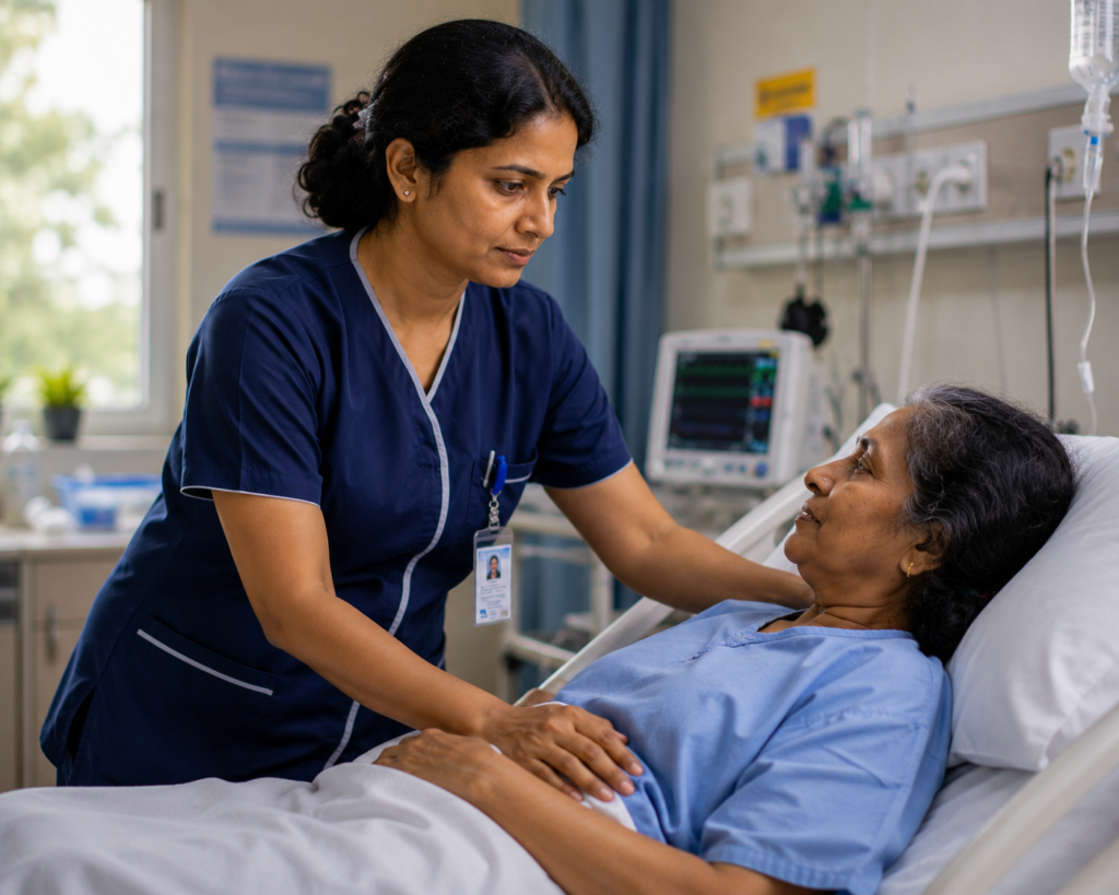 Nurse Supporting Patients With Compassion And Experience. This Image Represents A Compassionate Nurse Caring For Patients While Using Life Experience To Provide Empathy, Support, and Understanding.