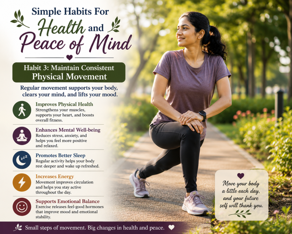 Simple Habits For Health And Peace Encourage Daily Physical activity To imporve Energy, Mood, And Overall Wellness.