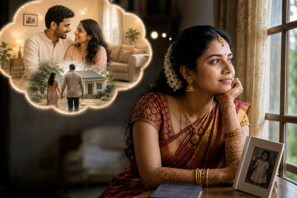 Marriage Expectations Vs Reality Young Bride Reflecting On Hopes And Future Dreams