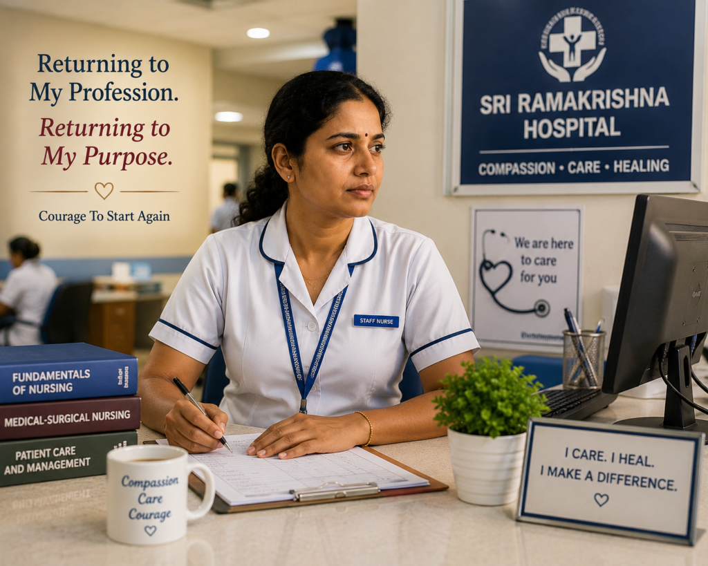 Courage To Start Again Reflects The Emotional Return To Nursing And The Determination To Build A Stable Future.
