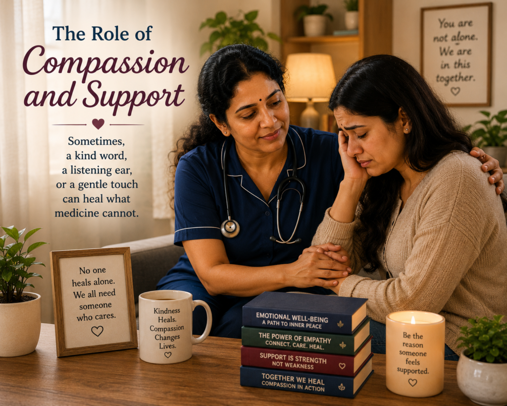 Why Emotional Health Is The First Medicine Every Human Needs compassion and emotional support during difficult times.   This image illustrates the power of compassion, active listening, and emotional support in promoting healing, resilience, and emotional well-being.