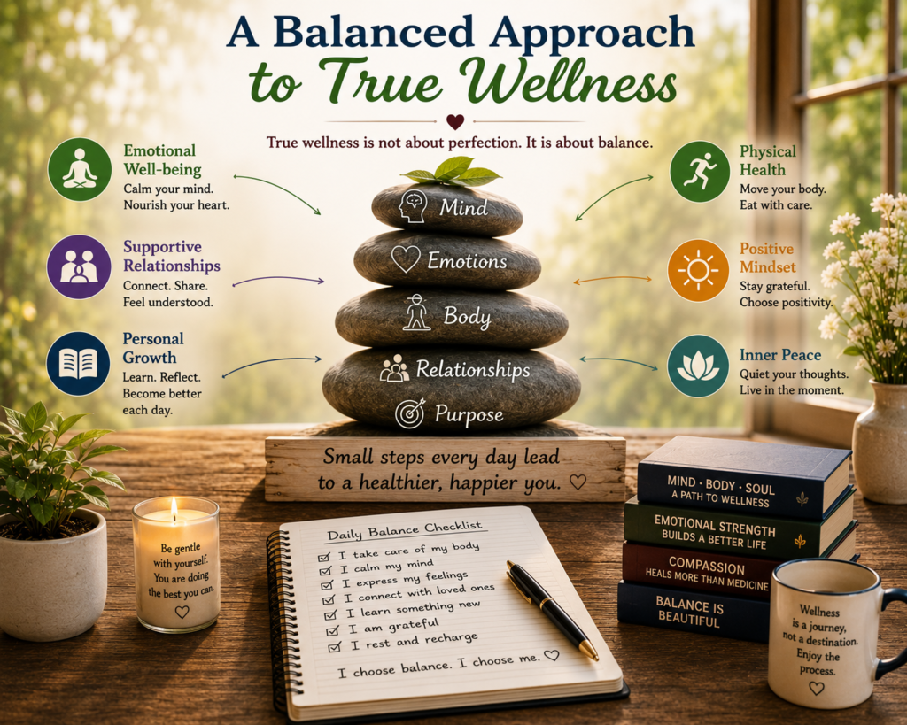 Why Emotional Health Is The First Medicine Every Human Needs balanced wellness and emotional well-being.  This image highlights the connection between emotional health, physical wellness, supportive relationships, personal growth, and inner peace in creating a balanced life.