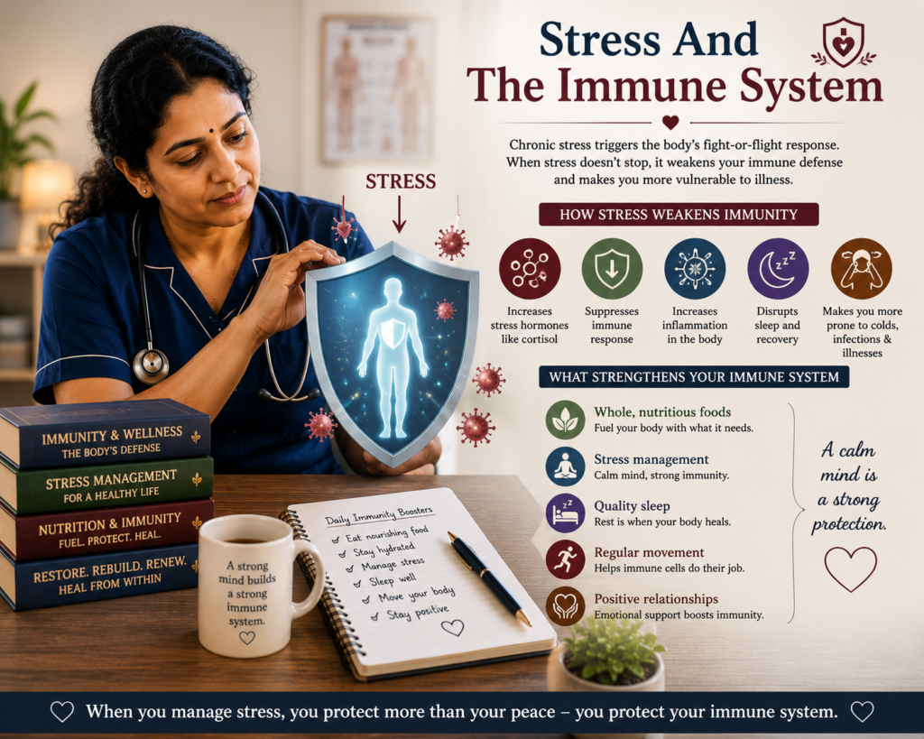 Stress Damages The Body by weakening the immune system and reducing resilience. This image illustrates the connection between chronic stress and immune function, showing how unmanaged stress can reduce the body's natural ability to fight disease.