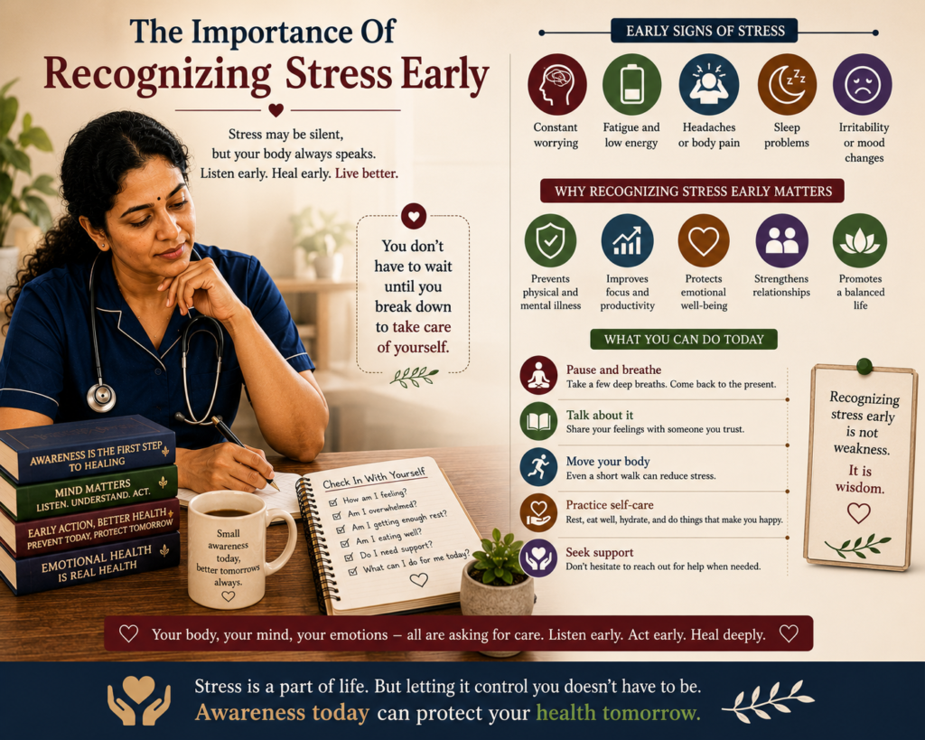 Stress Damages The Body when warning signs are ignored for too long.This image emphasizes the importance of identifying stress symptoms early and taking proactive steps to protect emotional and physical health. 